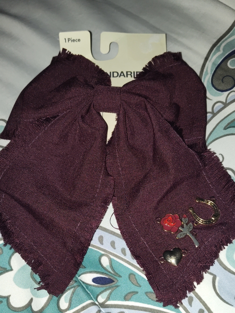 Elegant Burgundy Bow Hair Scarf with Floral & Heart Charms